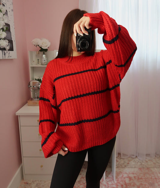 Oversized Striped Sweater - Red