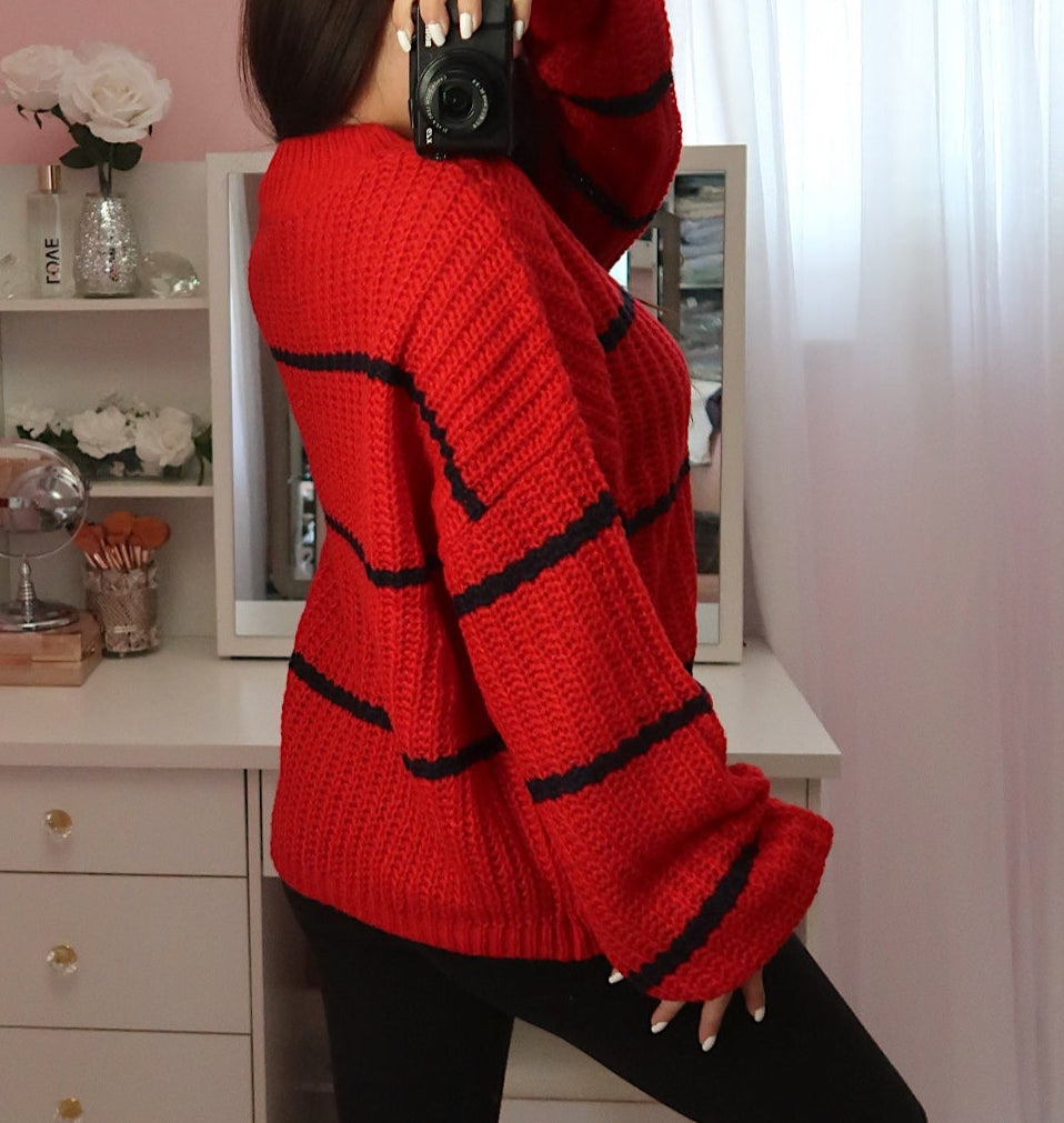 Oversized Striped Sweater - Red