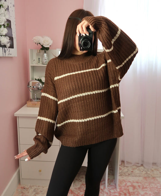 Oversized Striped Sweater - Brown