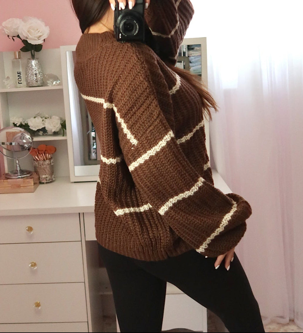 Oversized Striped Sweater - Brown