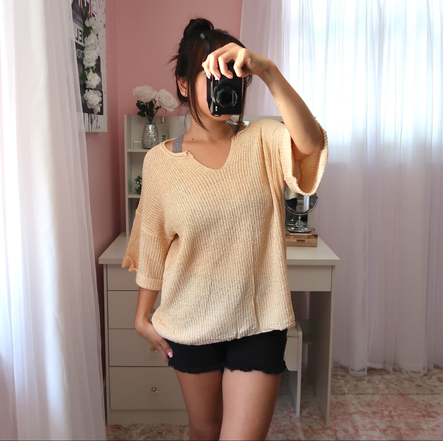 Notch Neck Knit Tee - Peach