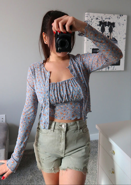 Mesh Floral Cardigan + Tank - Blue (Small)