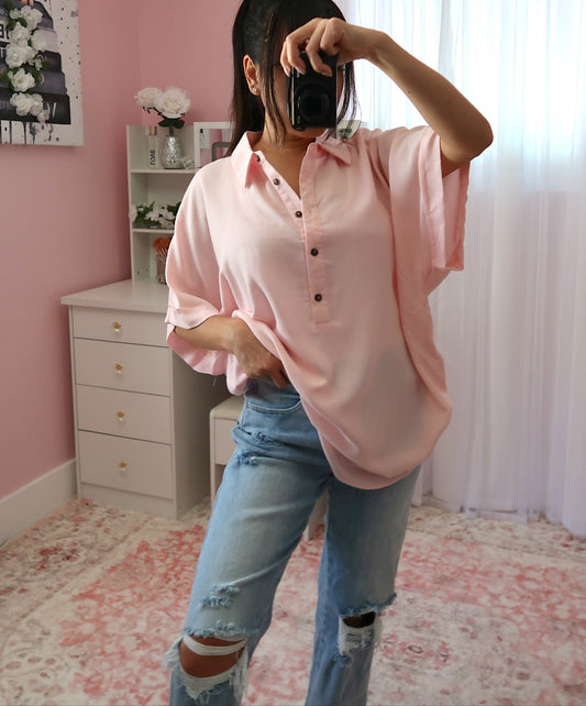 Breezy Half-Button Oversized Shirt - Pink