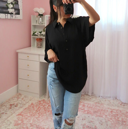 Breezy Half-Button Oversized Shirt - Black