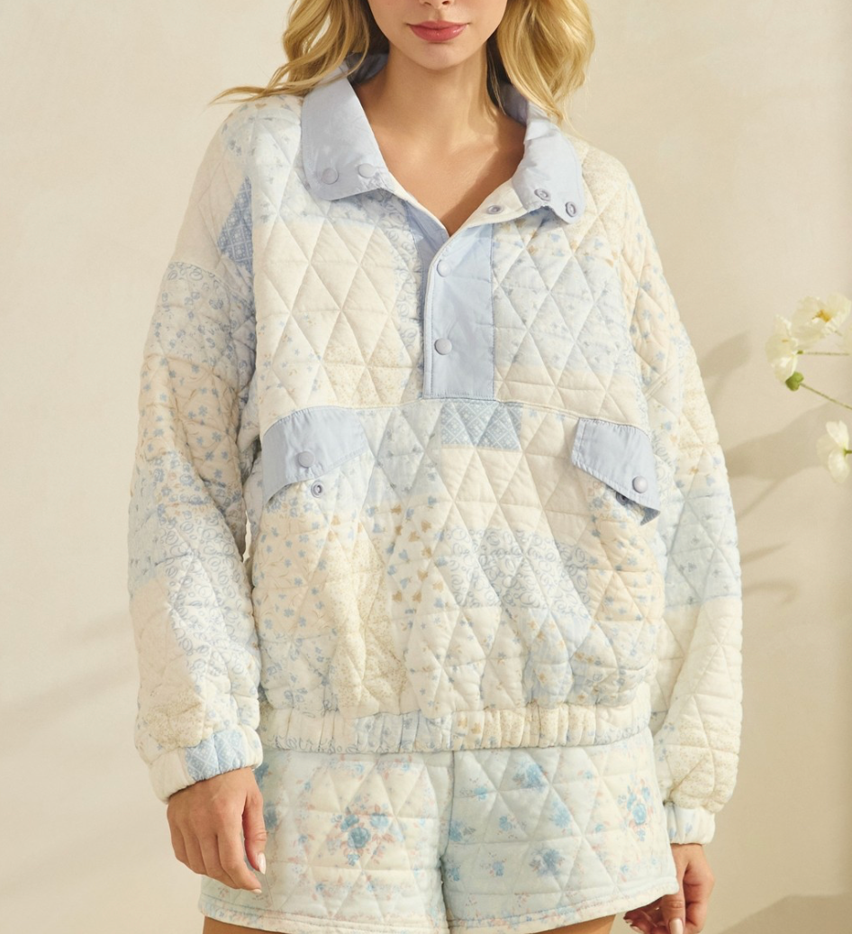 Quilted Pastel Quarter Button Sweater - Blue