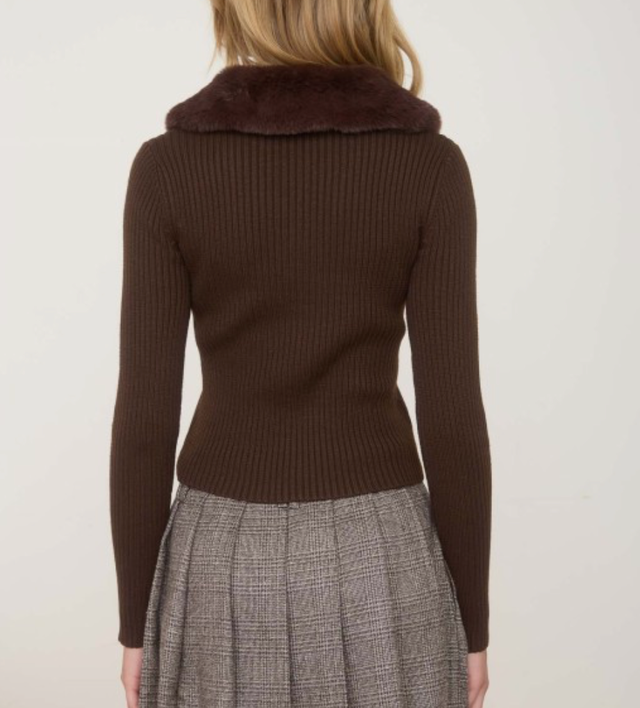 Faux Fur Collar Cardigan - Brown