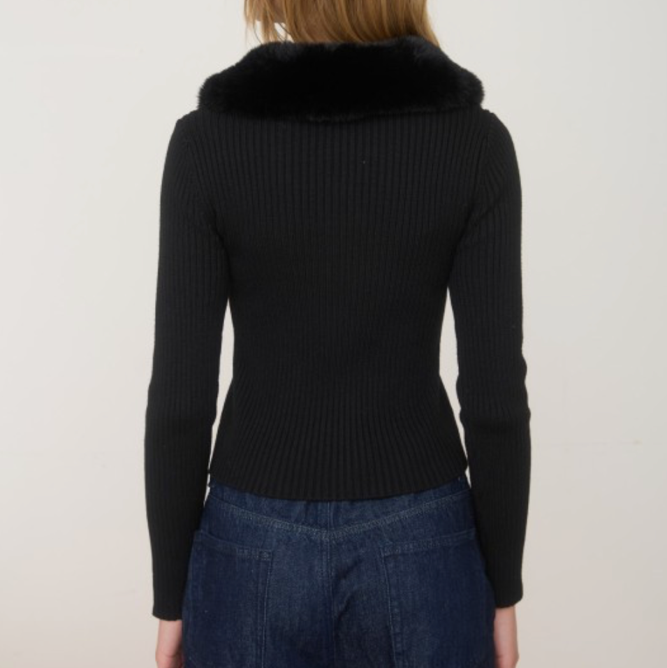Faux Fur Collar Cardigan - Black