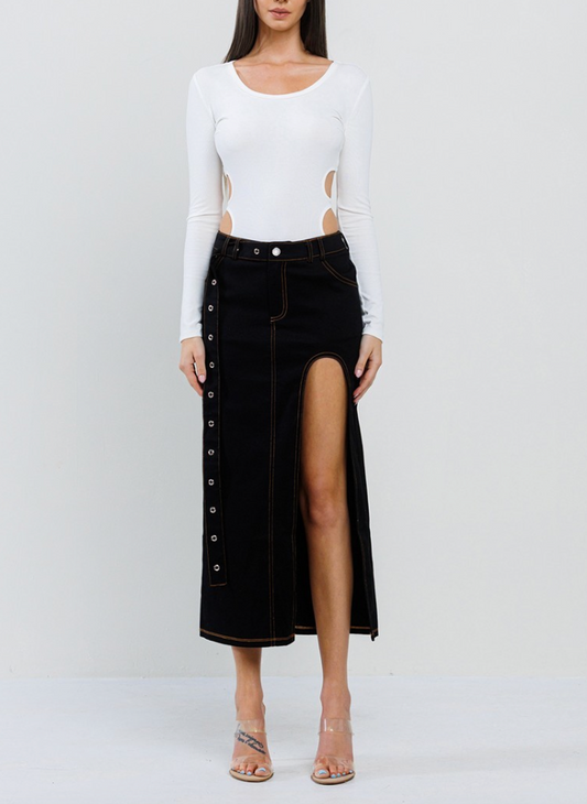 Cut-Out Denim Maxi Skirt