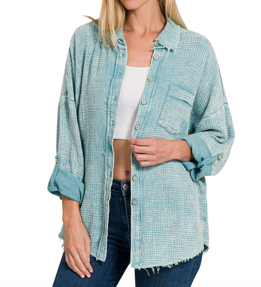 Ginny Button Shirt- Light Teal (Medium)