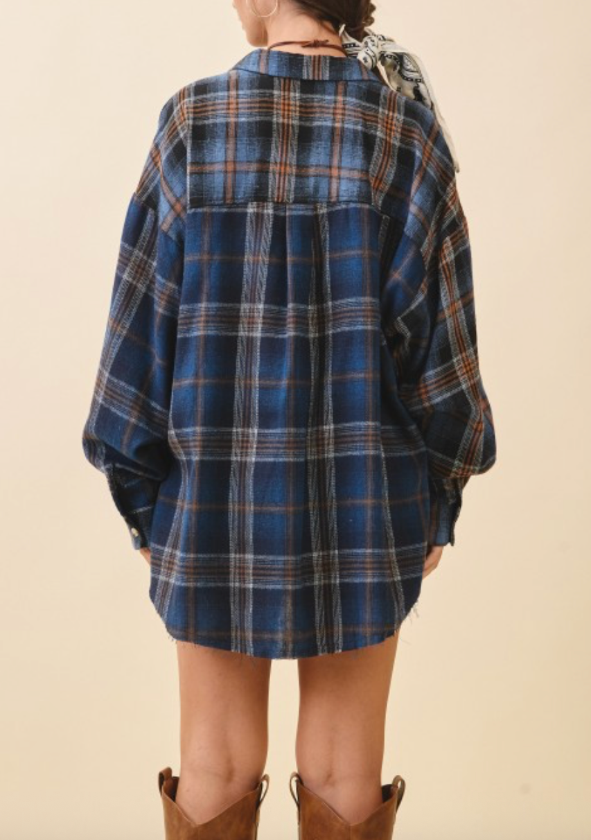 Mixed Plaid Flannel Shirt - Blue