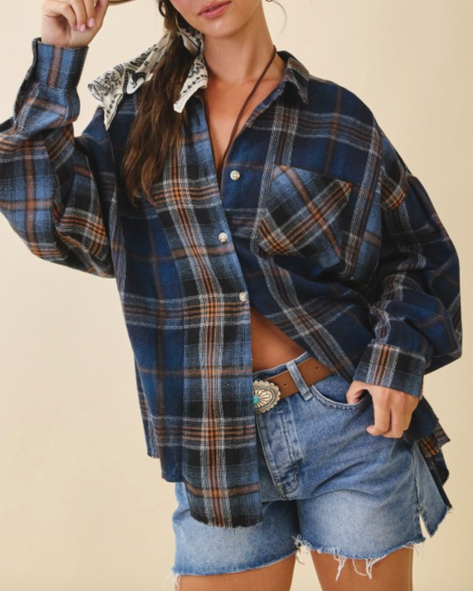 Mixed Plaid Flannel Shirt - Blue