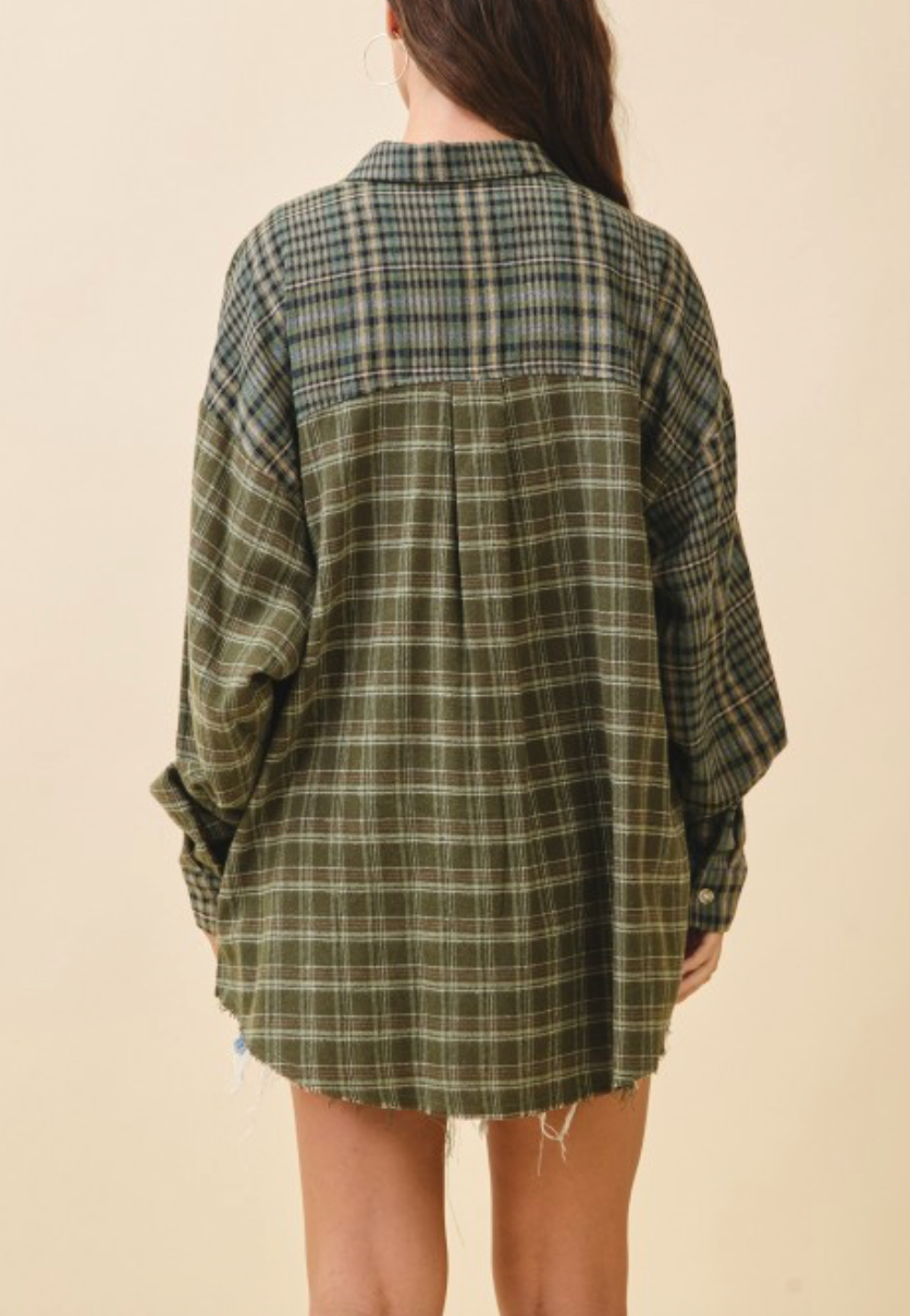 Mixed Plaid Flannel Shirt - Olive