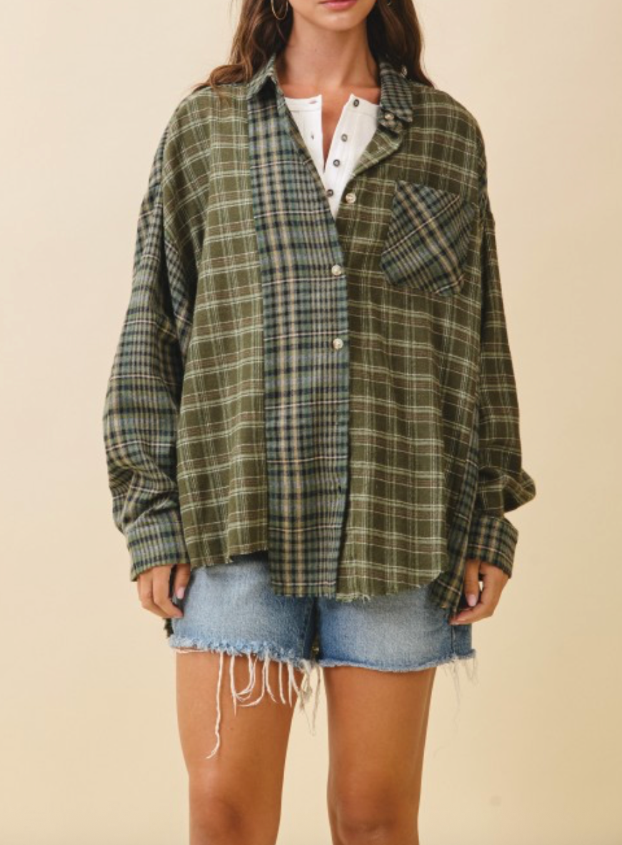 Mixed Plaid Flannel Shirt - Olive
