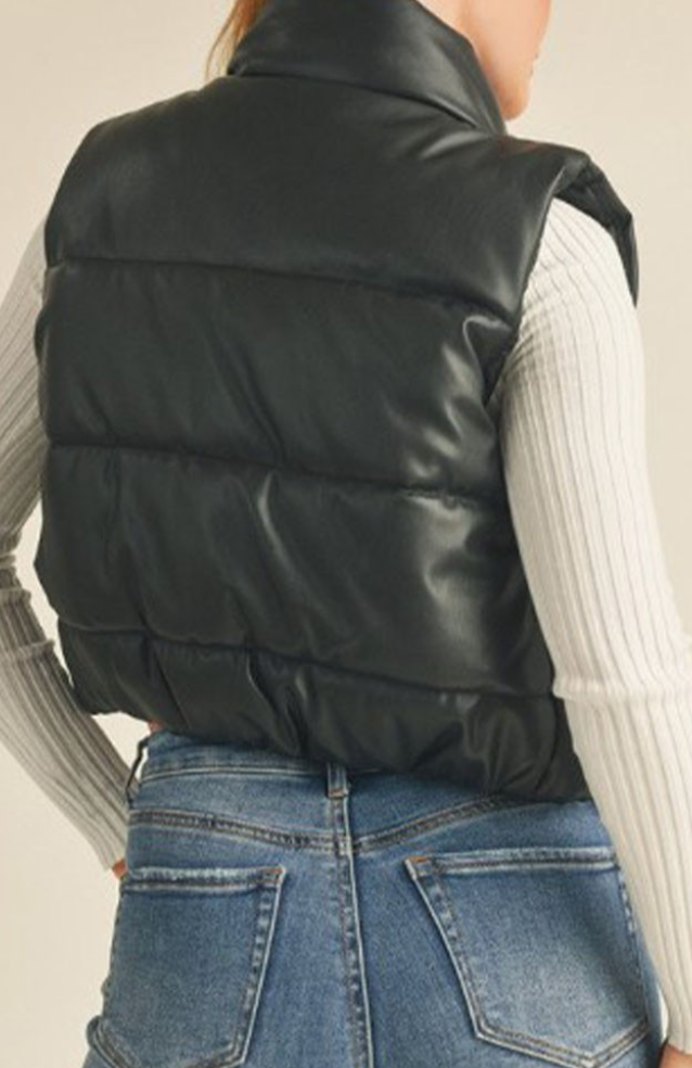 Liana Faux Leather Puffer Vest - Black
