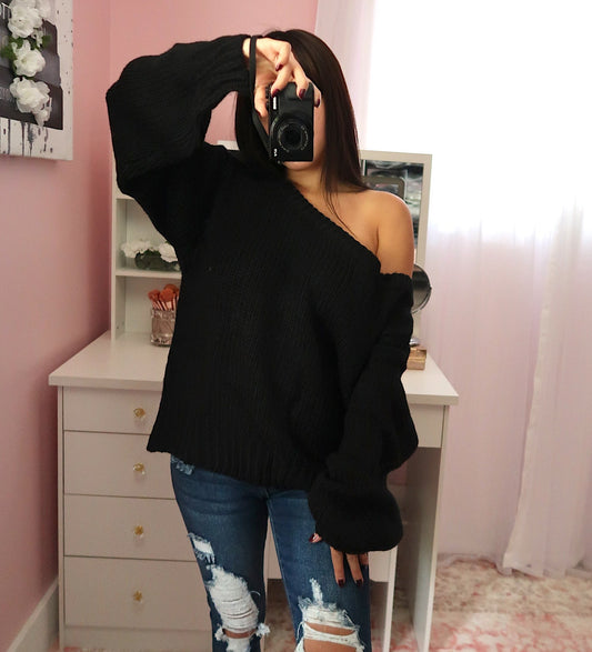 Sassy Shoulder Sweater - Black