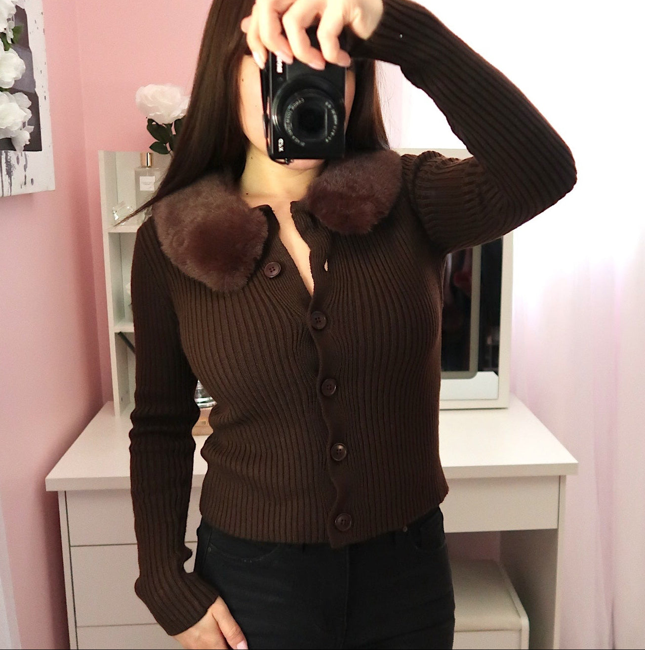 Faux Fur Collar Cardigan - Brown