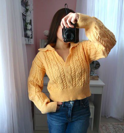 Cable Knit Crop Sweater - Mustard (Large)