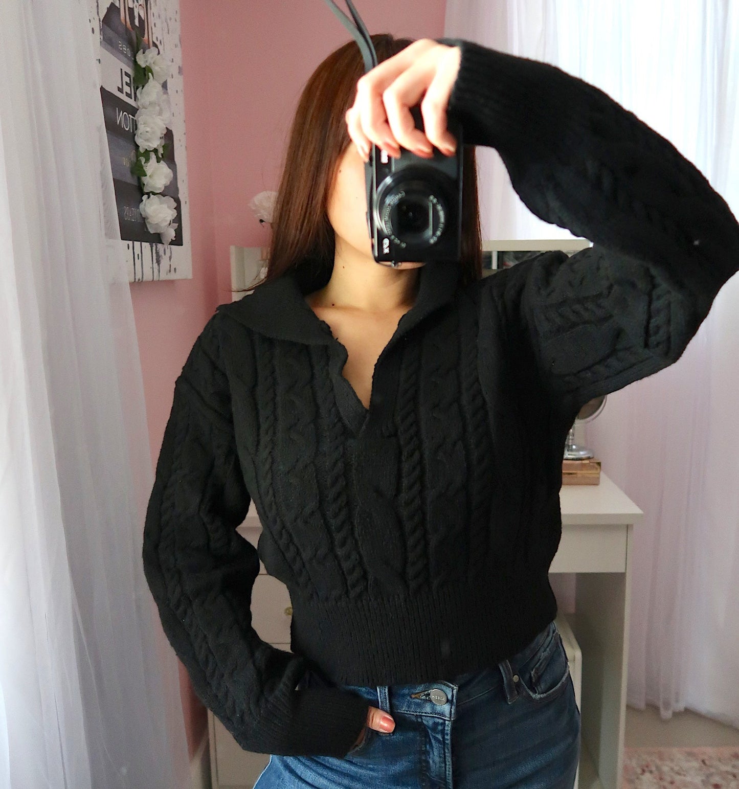 Cable Knit Crop Sweater - Black