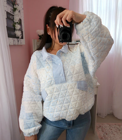 Quilted Pastel Quarter Button Sweater - Blue
