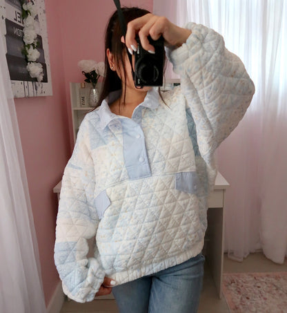Quilted Pastel Quarter Button Sweater - Blue
