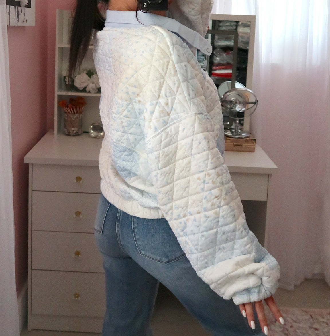 Quilted Pastel Quarter Button Sweater - Blue