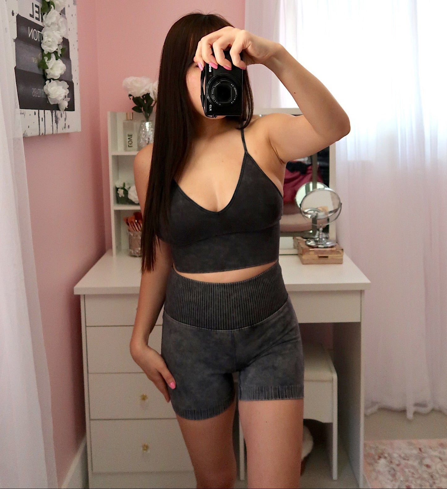 Vintage Wash Active Shorts + Bra Top - Black