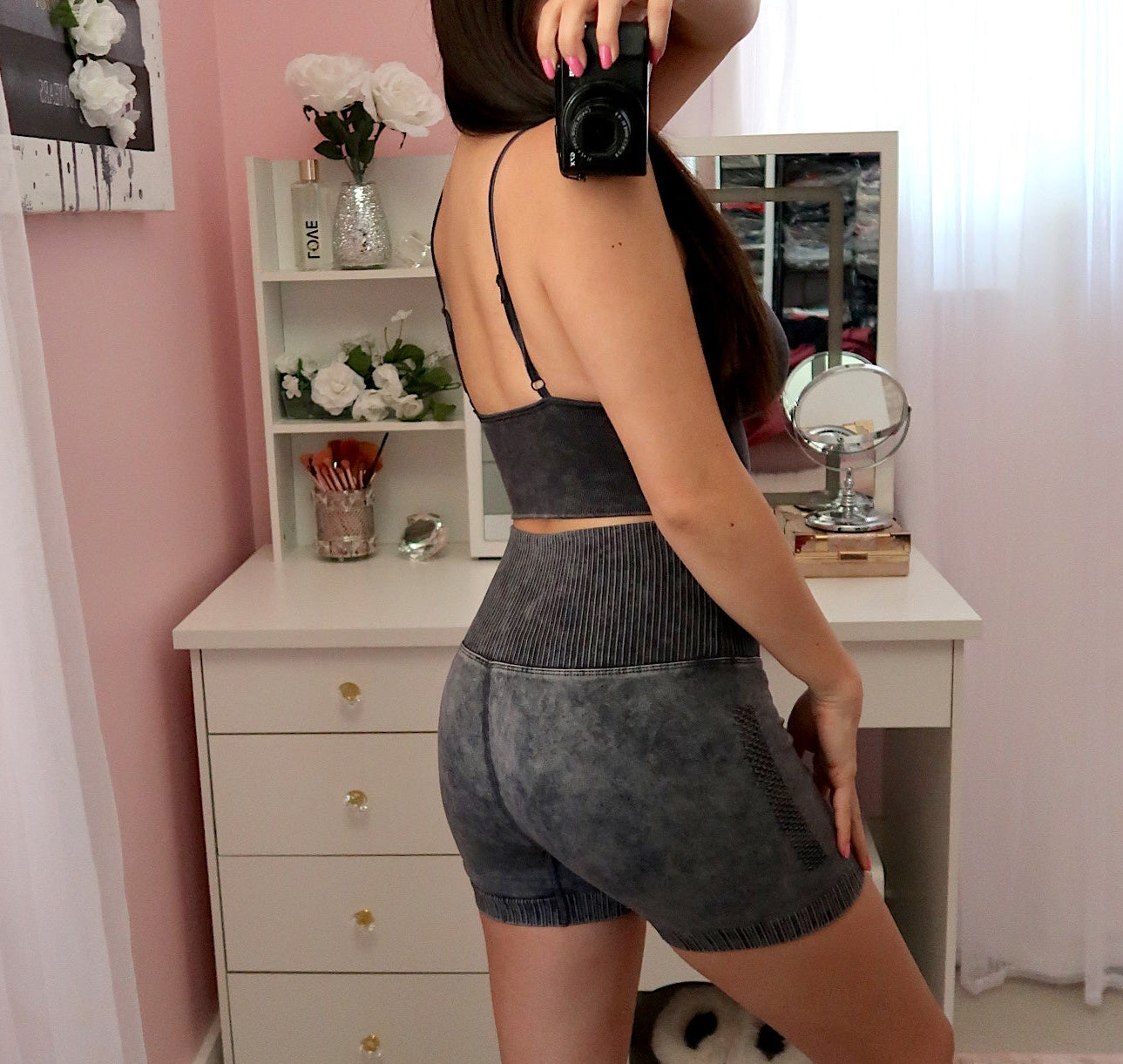 Vintage Wash Active Shorts + Bra Top - Black