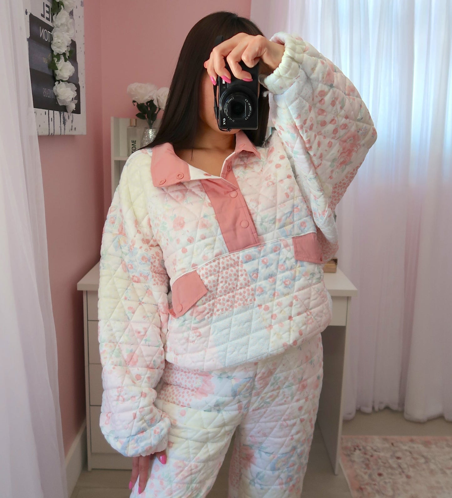 Quilted Pastel Quarter-button Sweater