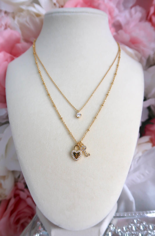 Heart + Key Double Necklace - 14K Gold Dipped