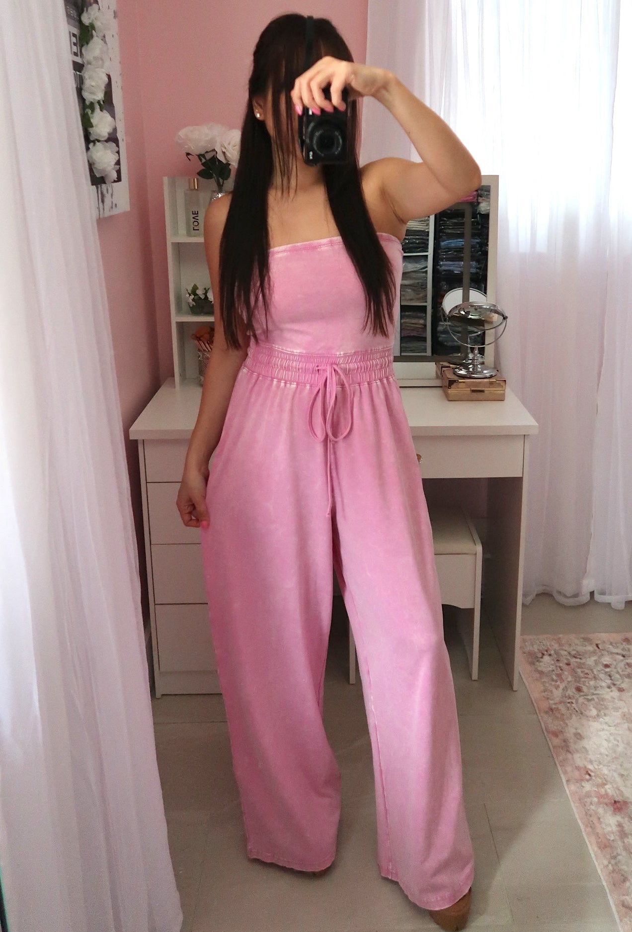 Vintage Wash Pant Romper - Pink (Medium)