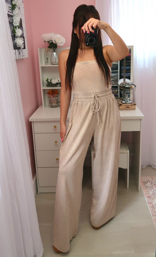 Vintage Wash Pant Romper - Light Mocha (Medium)