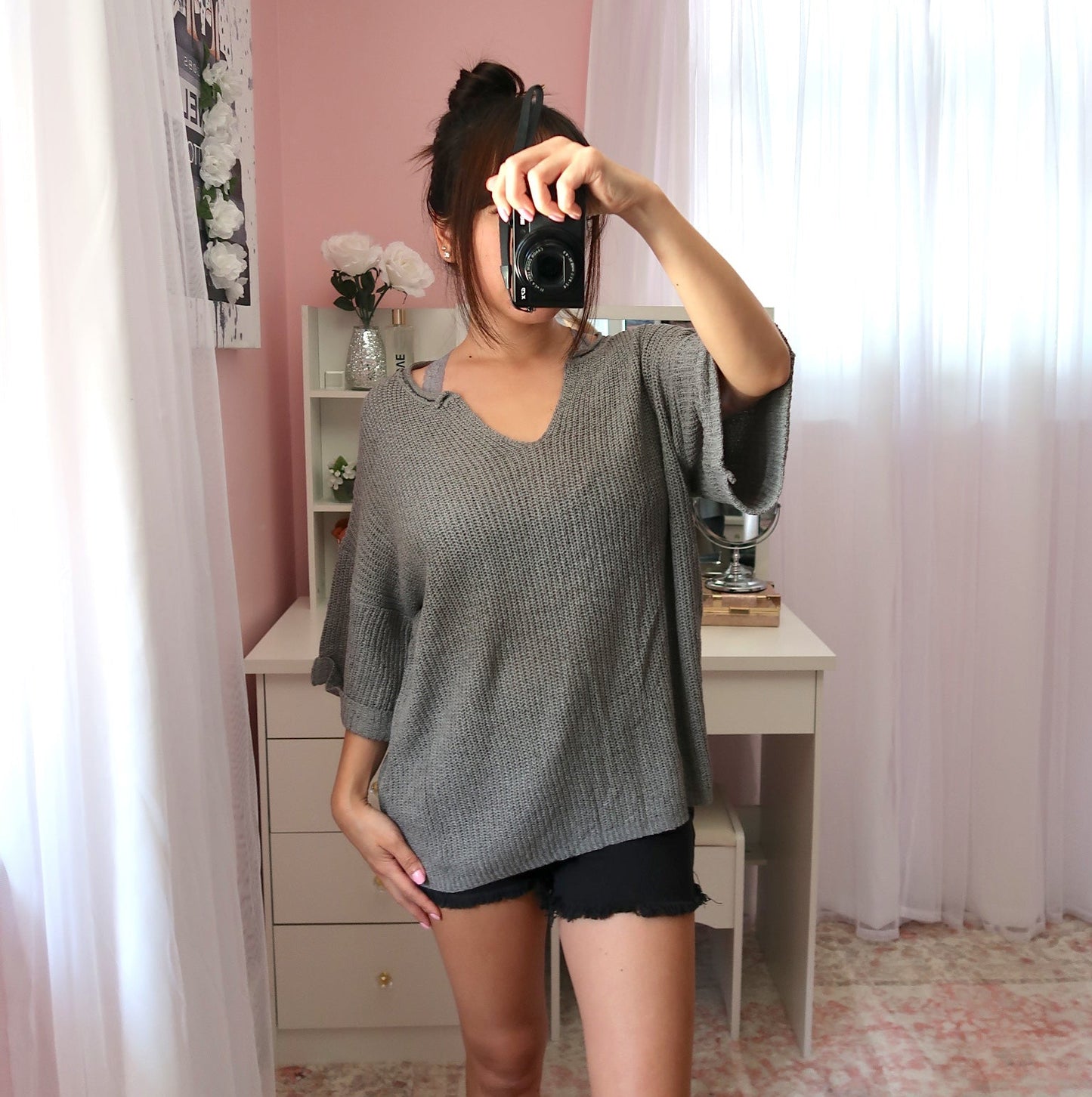 Notch Neck Knit Tee - Grey
