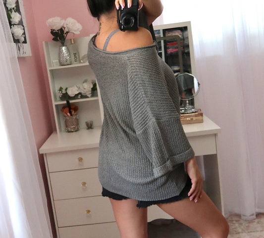 Notch Neck Knit Tee - Grey