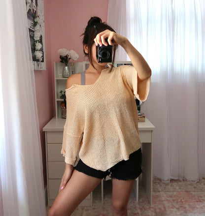 Notch Neck Knit Tee - Peach