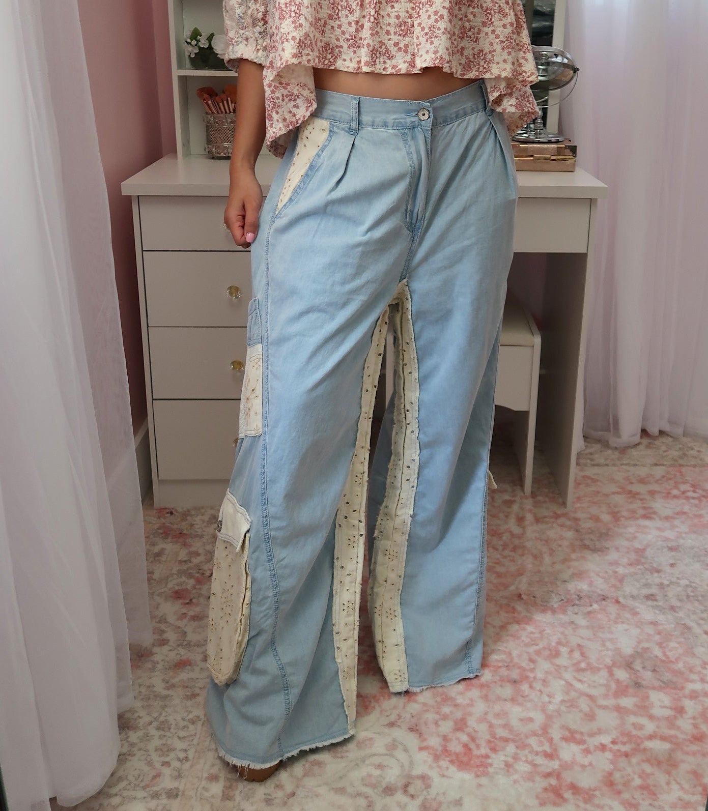 Denim and Eyelet Pants