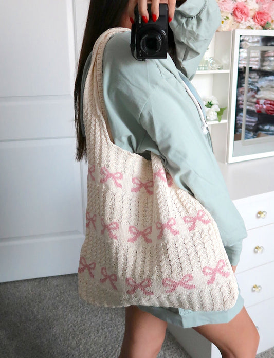 Knit Woven Bow Bag - Pink/Cream