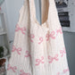 Knit Woven Bow Bag - Pink/Cream