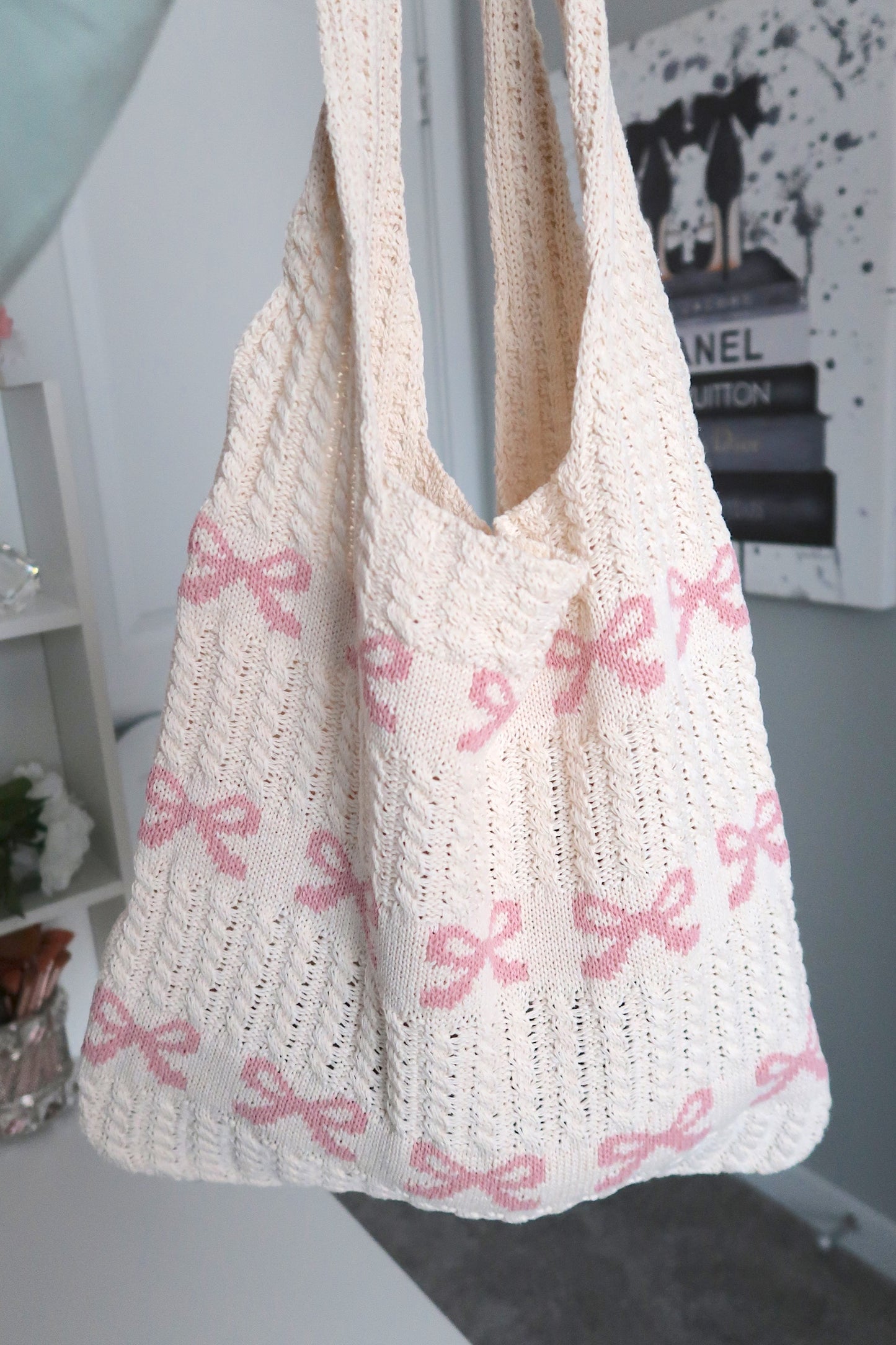 Knit Woven Bow Bag - Pink/Cream