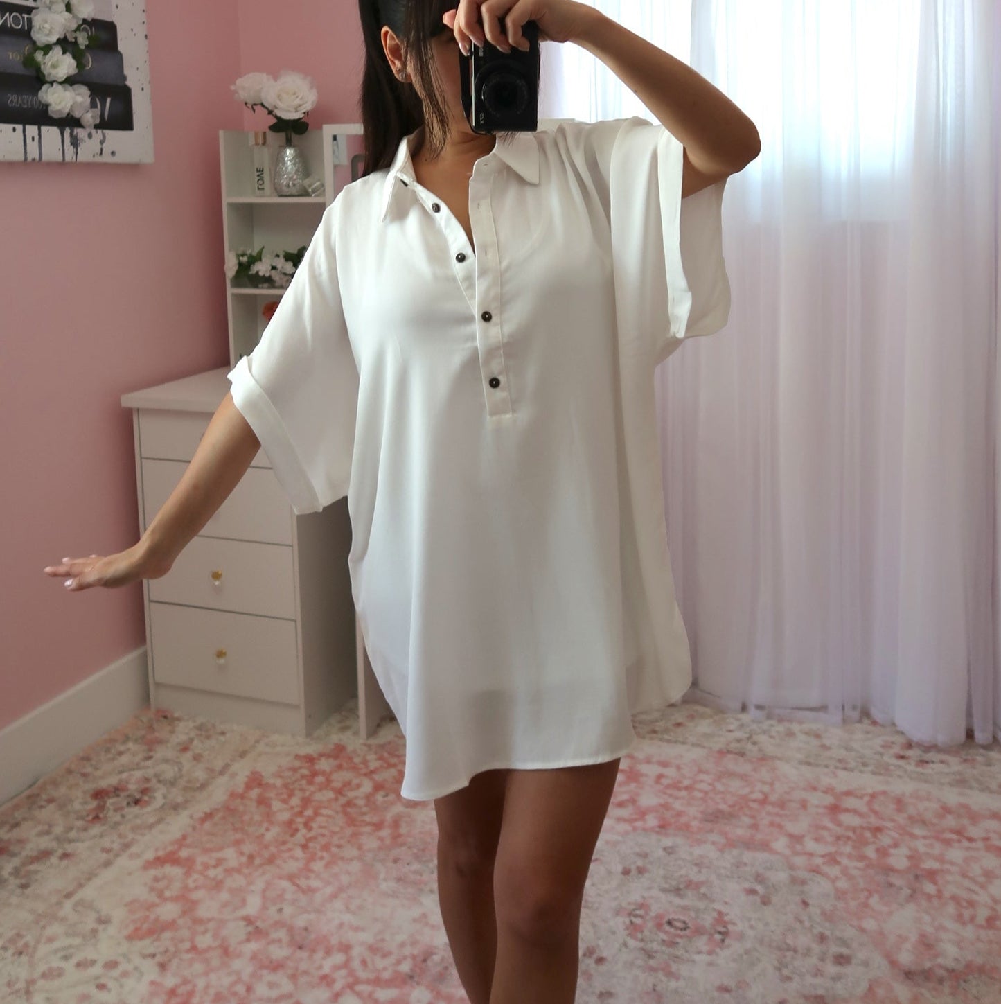 Breezy Half-Button Oversized Shirt - Off White