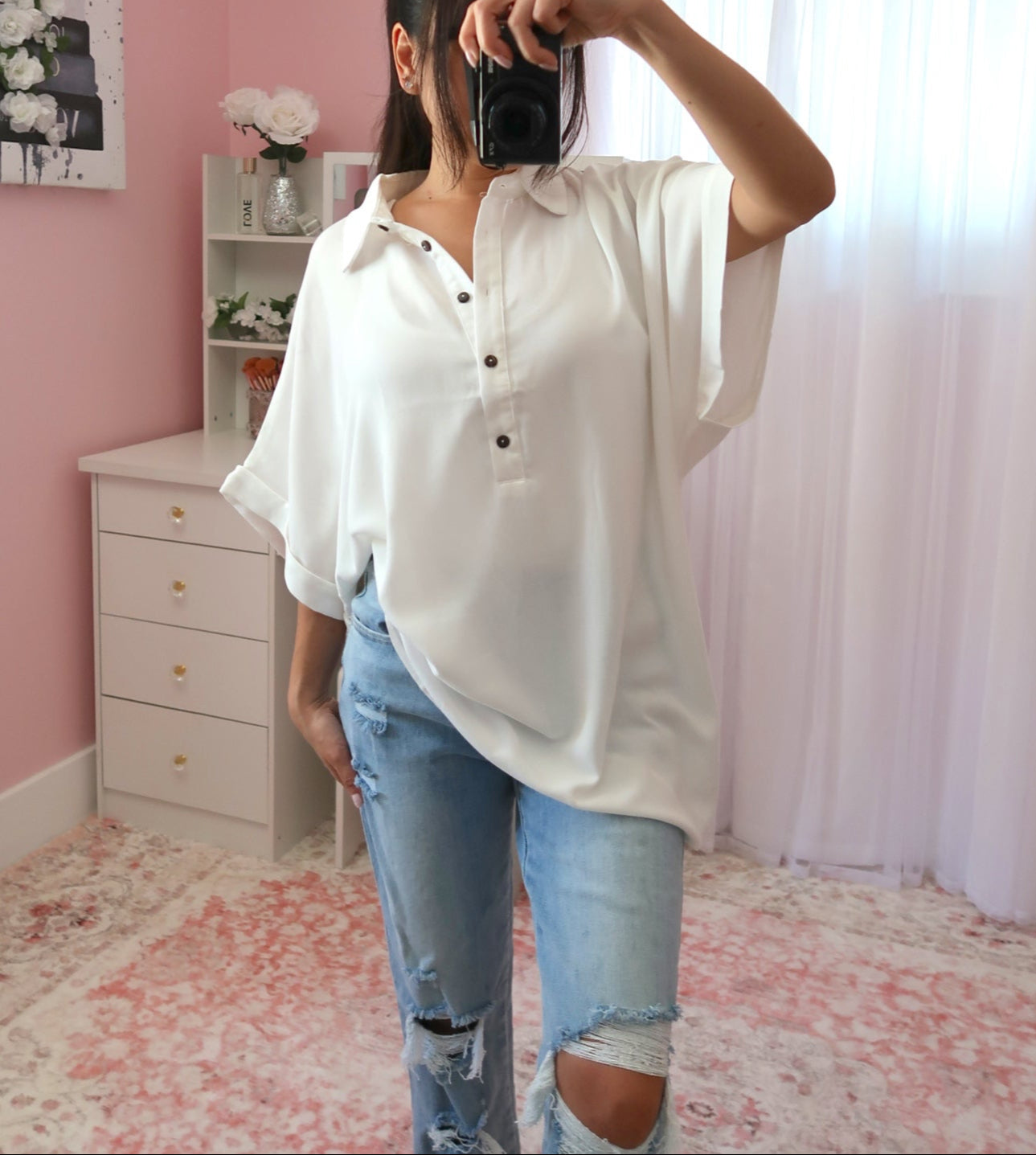 Breezy Half-Button Oversized Shirt - Off White