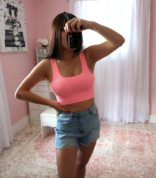 Ribbed Crop Tank - Highlighter Pink