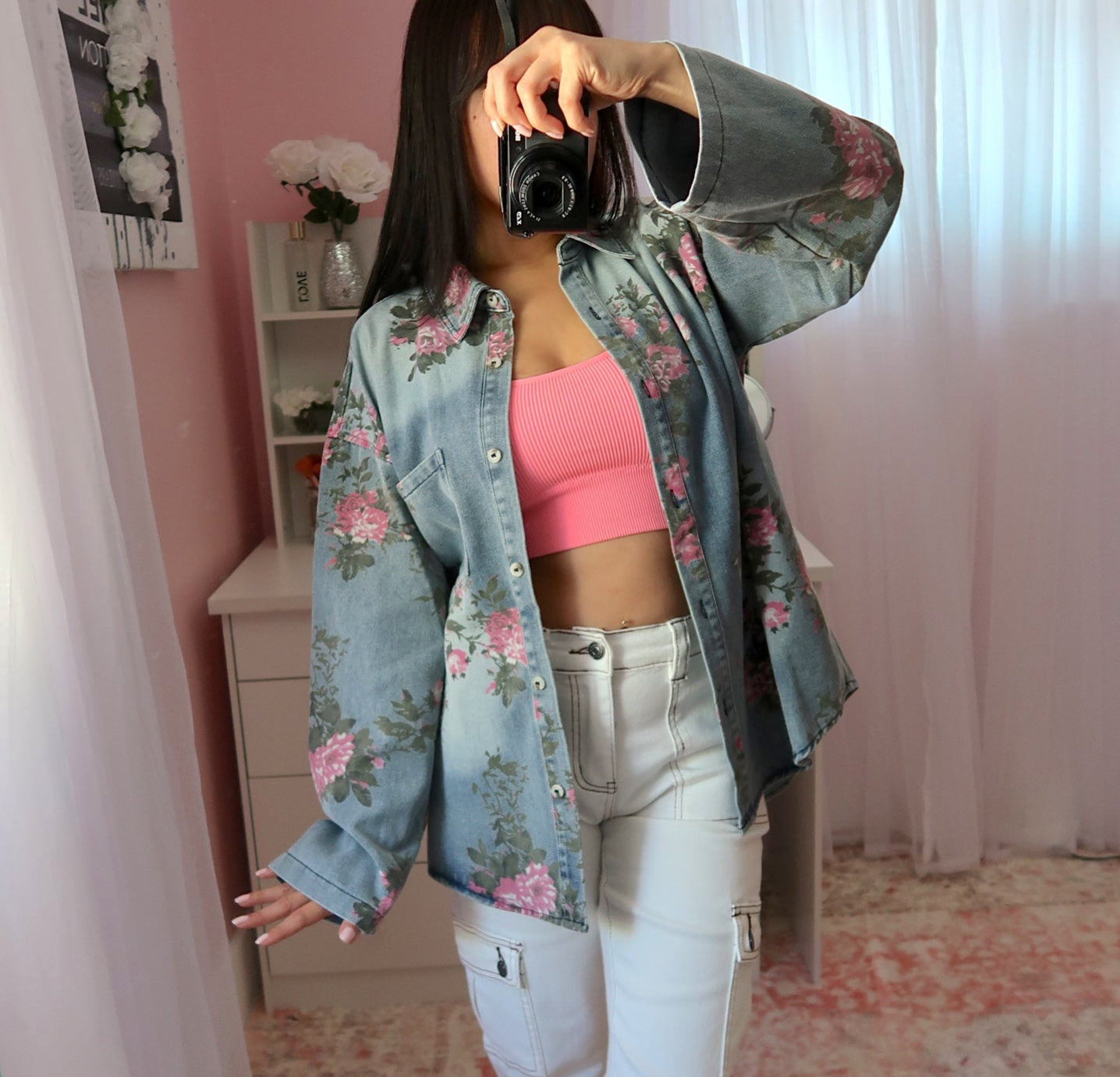 Pink Flowers and Denim Shacket