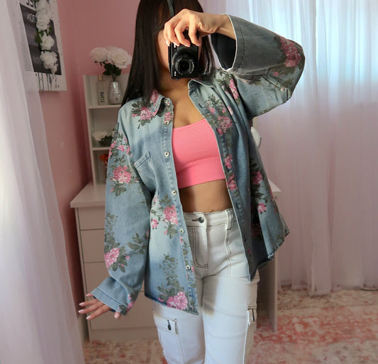 Pink Flowers and Denim Shacket