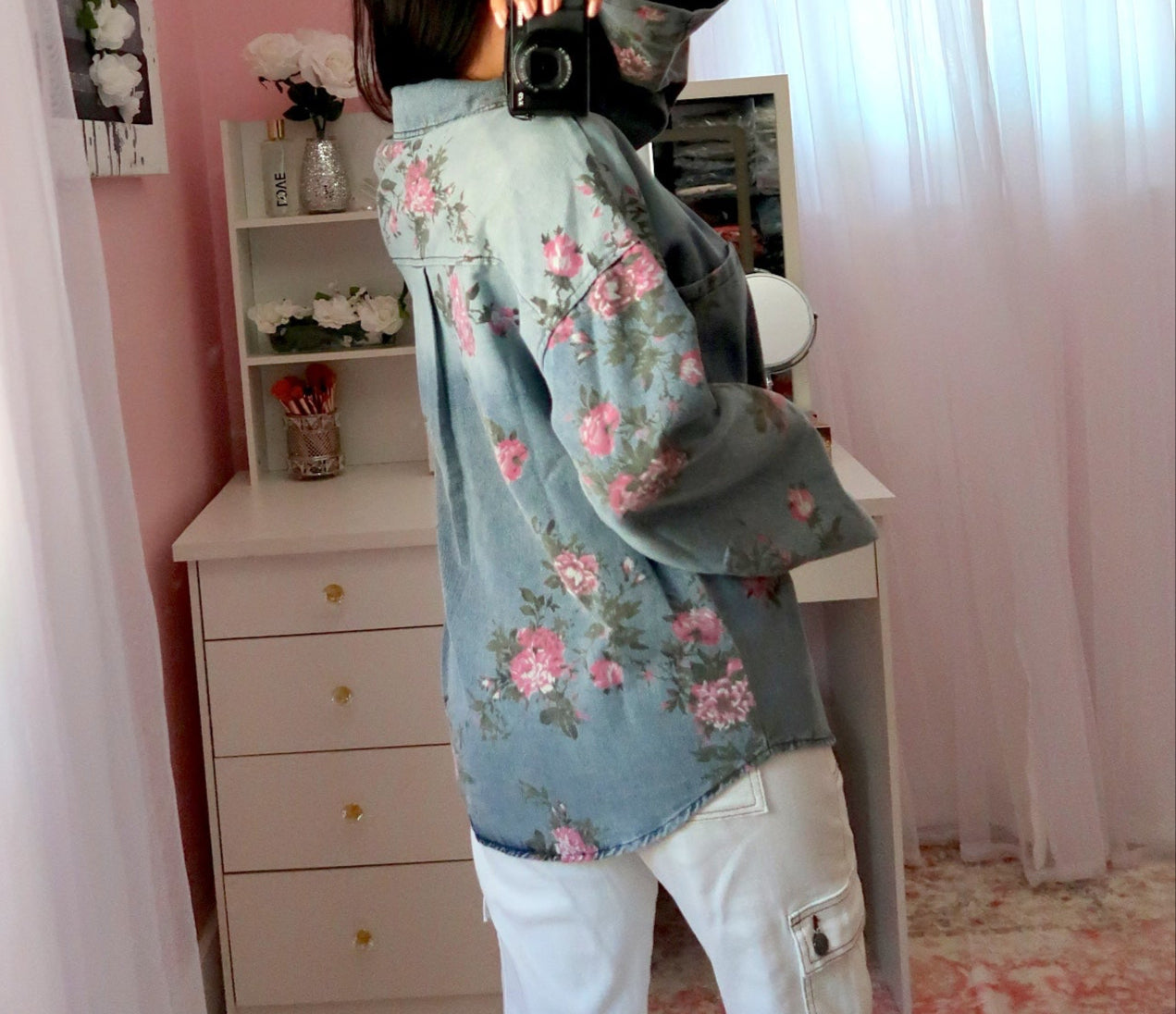 Pink Flowers and Denim Shacket