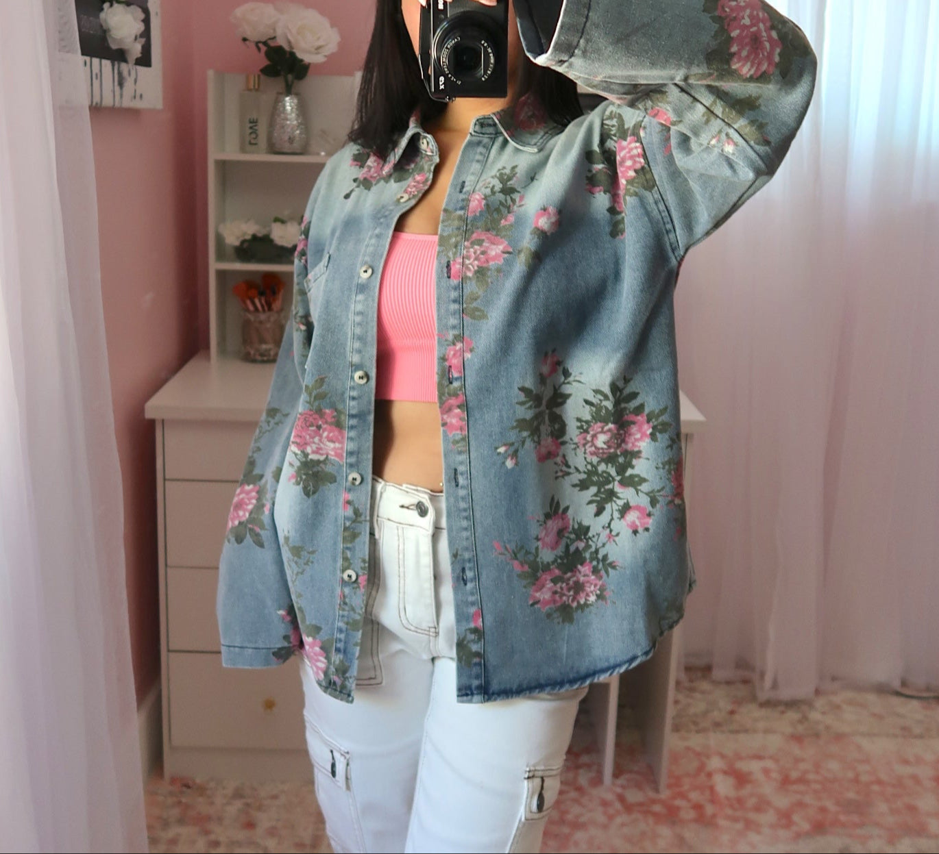Pink Flowers and Denim Shacket