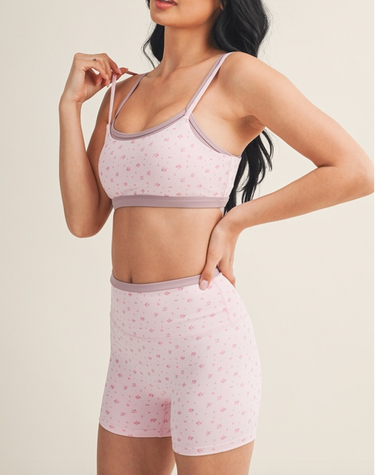 Pink Ditsy Active Shorts + Bra Top