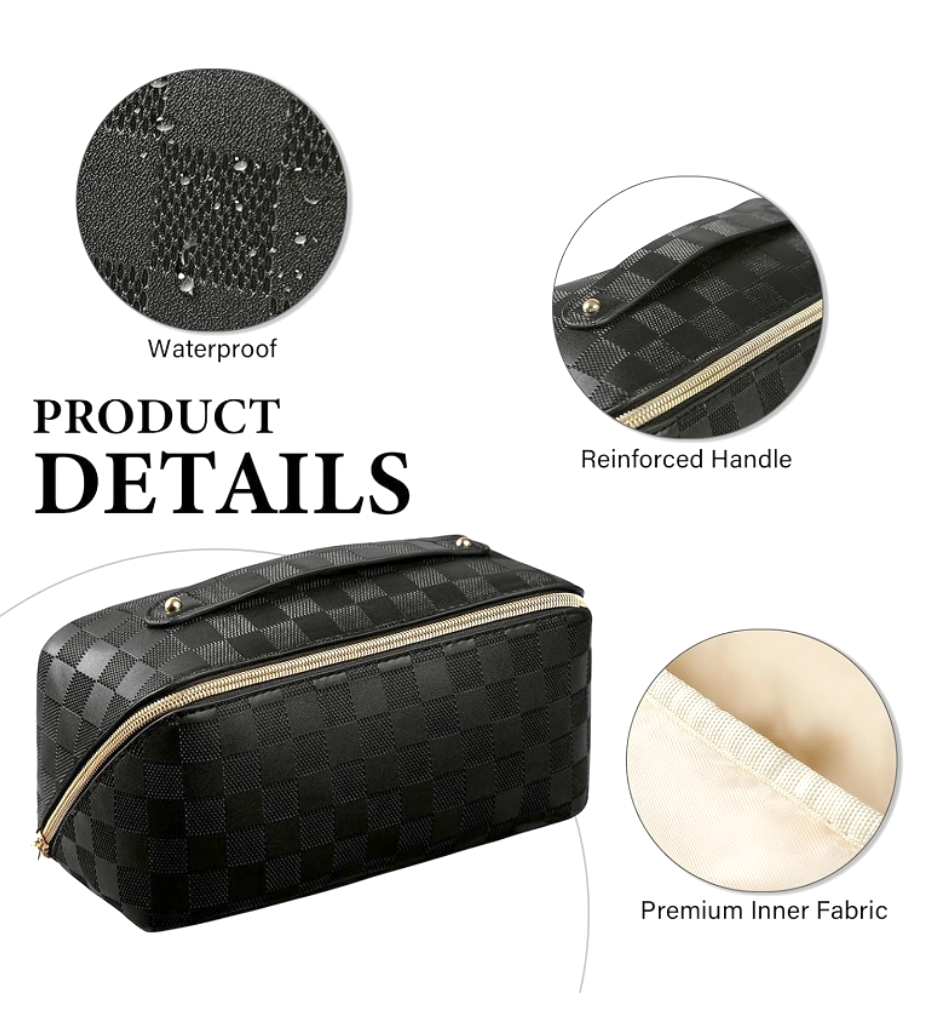Checkered Open Flat Makeup Bag - Black