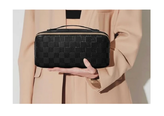 Checkered Open Flat Makeup Bag - Black