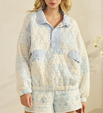 Quilted Pastel Quarter Button Sweater - Blue