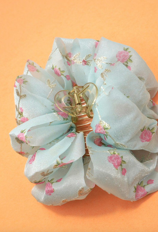 Large Floral Sheer Bow Claw Clip - Blue